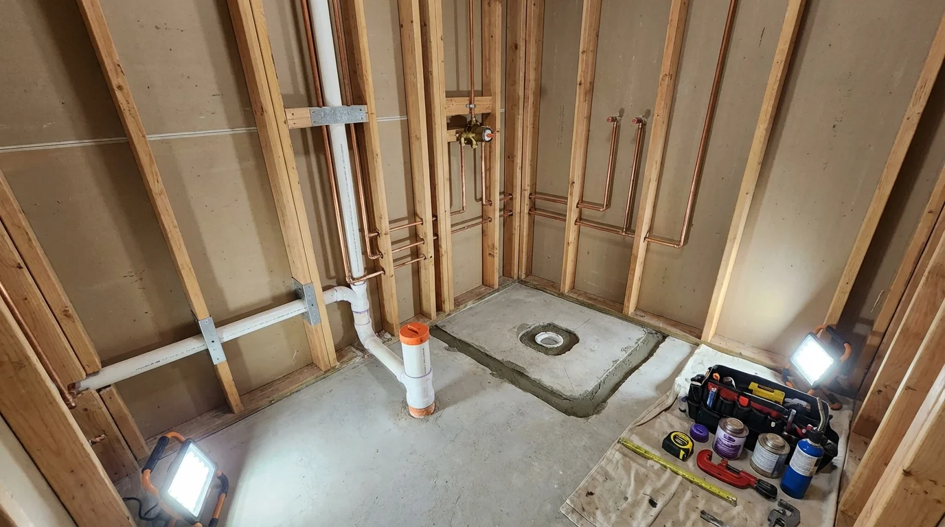 Bathroom rough-in plumbing during remodel by Johns Plumbing LLC in Manteca