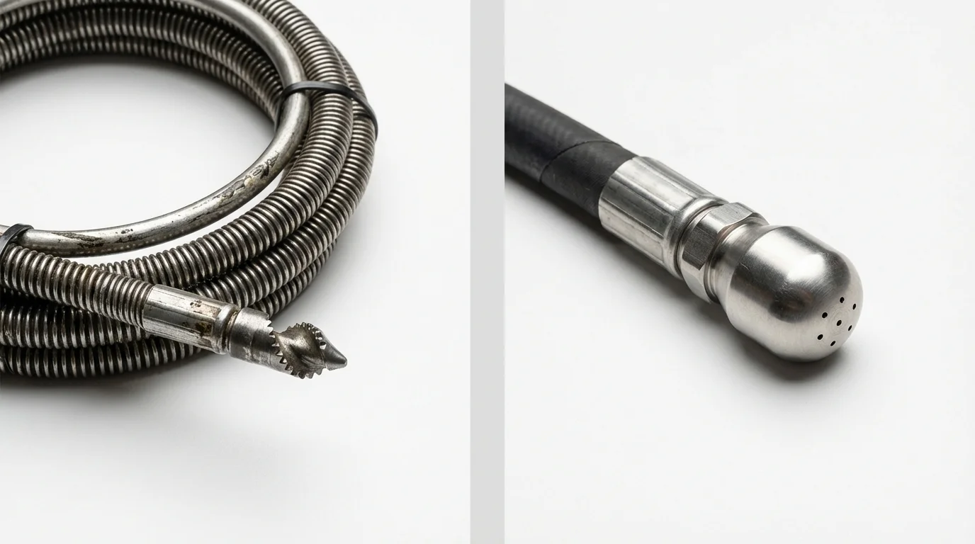 Drain snake cable and hydro jetting nozzle used for drain cleaning in Manteca, CA