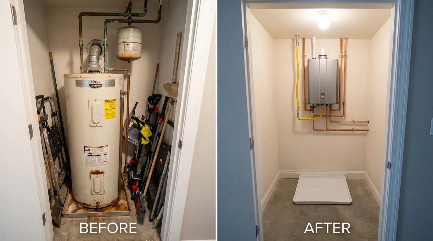 Tank water heater versus wall-mounted tankless unit comparison for Manteca, CA homeowners