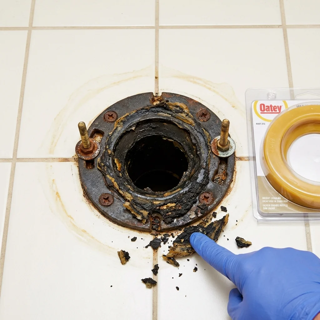 Failed wax ring showing water seepage at the base of a toilet in a Manteca, CA home